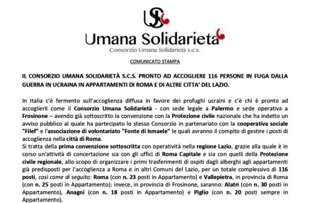 Il Consorzio Umana Solidarietà s.c.s. pronto ad accogliere 116 persone in fuga dalla guerra in Ucraina in appartamenti di Roma e di altre città del Lazio.